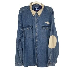 Reel Legends Shirt XXL Blue Denim Contrast Collar‎ Elbow Patch Fish Embroidery